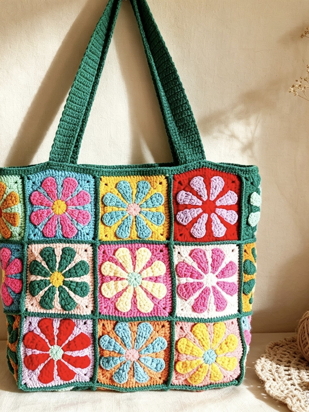 Hand Crochet Granny Square Tote Bag, Vibrant Christmas Color Floral Shoulder Bag